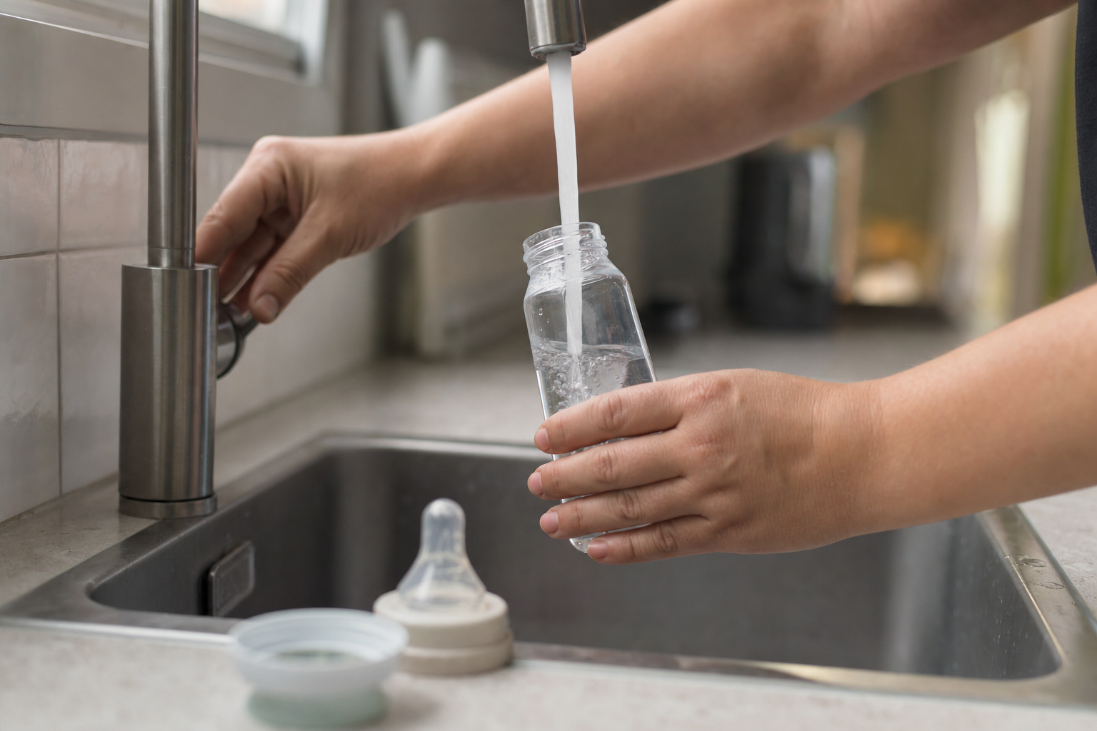 A parent filling a baby bottle with tap water