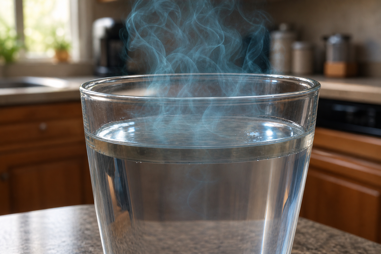 Glass of city tap water with a faint chlorine pool smell rising from the surface