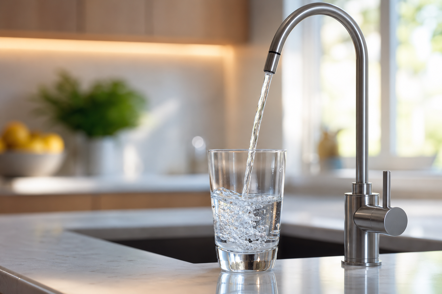 Clear glass of filtered drinking water being filled at a dedicated under-sink reverse osmosis faucet