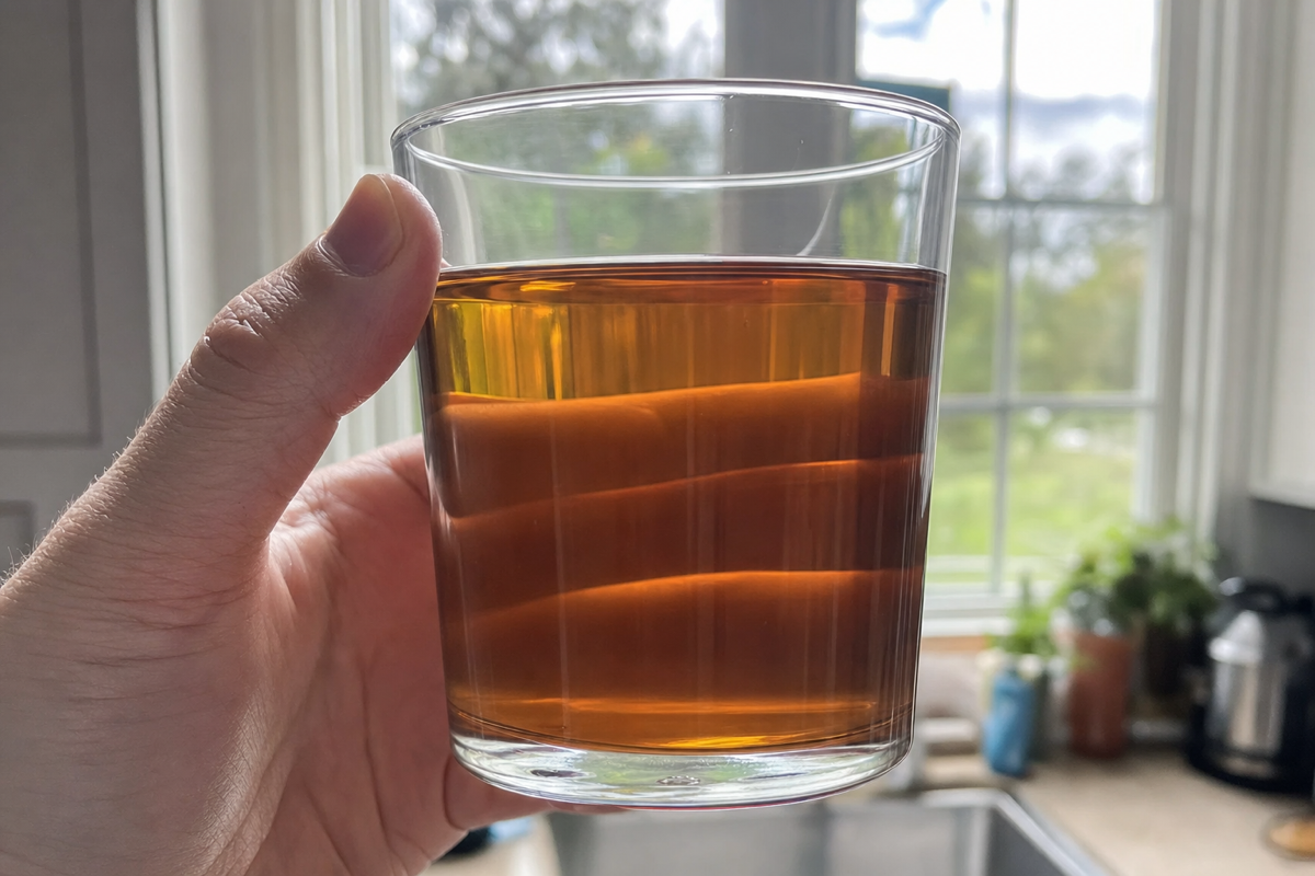 Yellow tea-colored well water in a glass