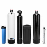 5-Stage Well Water System from Mid Atlantic Water: 20 inch Big Blue sediment filter, Clack 2.5 cubic foot upflow acid neutralizer, Fleck 5600SXT 48,000 grain water softener, Clack 2.5 cubic foot upflow carbon filter, and Viqua VH410 UV sterilizer in installation order