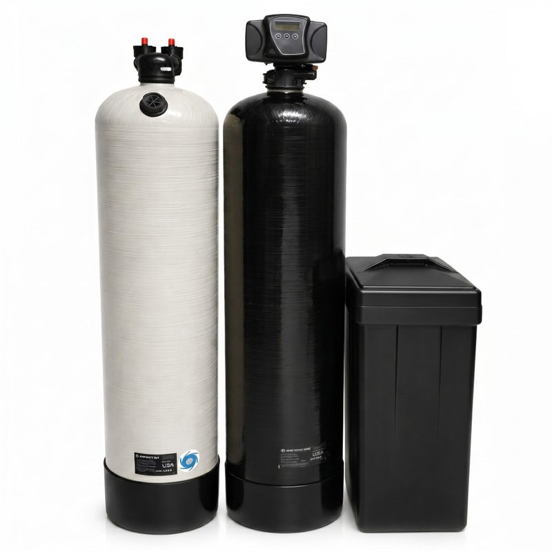 Clack 2.5 cubic foot non-backwashing acid neutralizer paired with Fleck 5600SXT 64,000 grain electronic demand water softener and 18x33 brine tank, complete well water treatment package from Mid Atlantic Water