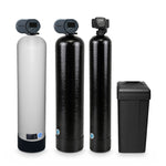 Acid neutralizer, iron filter and water softener package: a 2.5 cu ft backwashing acid neutralizer on a white 13x54 Vortech tank and a 2.5 cu ft iron filter on a black 13x54 Vortech tank, both with the Fleck 2510 AiQ control valve, a 48,000 grain Fleck 5600SXT softener on a 10x54 Vortech tank, and the salt tank