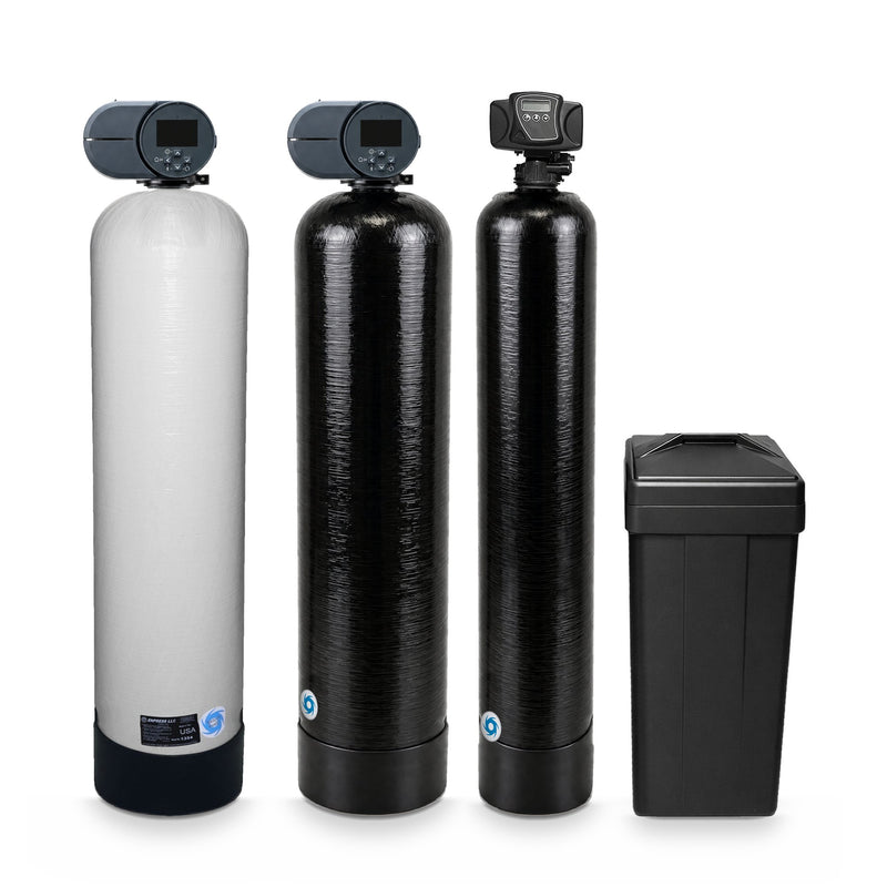 Acid neutralizer, iron filter and water softener package: a 2.5 cu ft backwashing acid neutralizer on a white 13x54 Vortech tank and a 2.5 cu ft iron filter on a black 13x54 Vortech tank, both with the Fleck 2510 AiQ control valve, a 48,000 grain Fleck 5600SXT softener on a 10x54 Vortech tank, and the salt tank