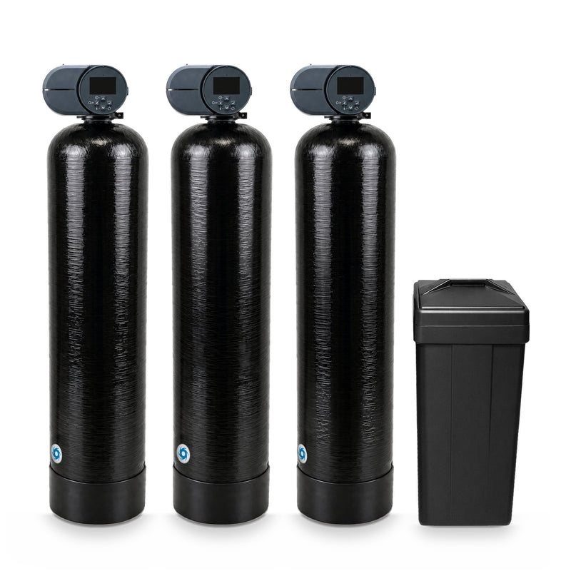 The Iron Buster package: two 2.5 cu ft iron filters and a 64,000 grain water softener, all three on 13x54 Vortech tanks with the Fleck 2510 AiQ control valve, and the salt tank