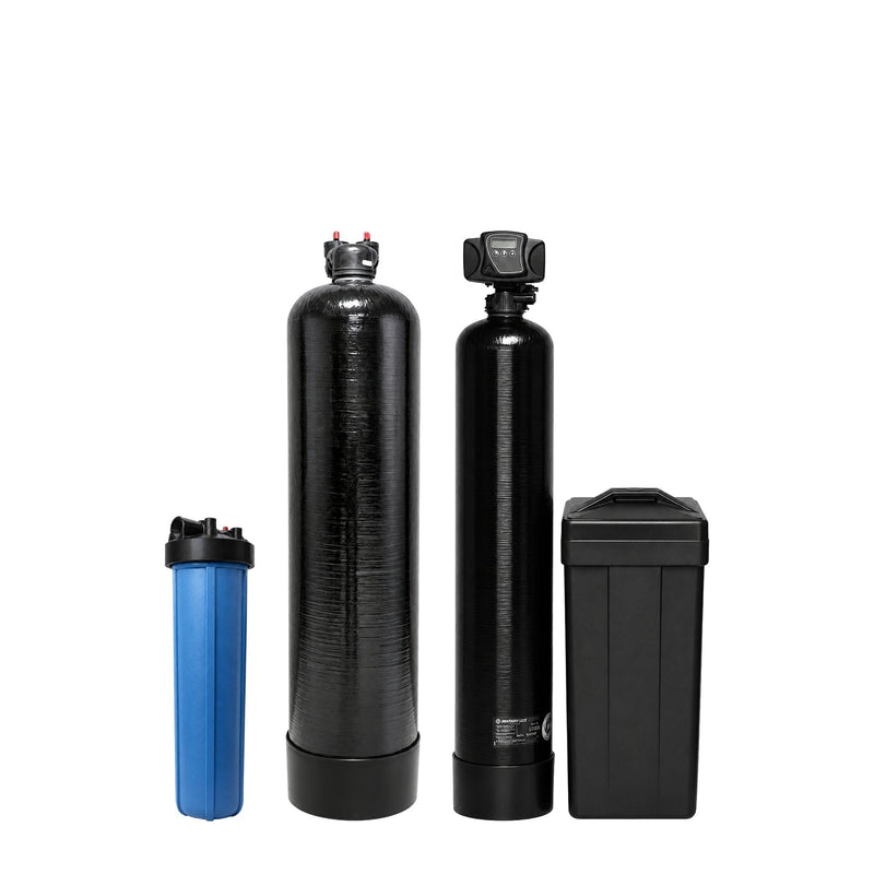 3-Stage Whole House Well Water Filter & Softener System: 20-inch sediment filter, Clack 1.5 cu ft non-backwashing carbon filter, and Fleck 5600SXT 48K water softener