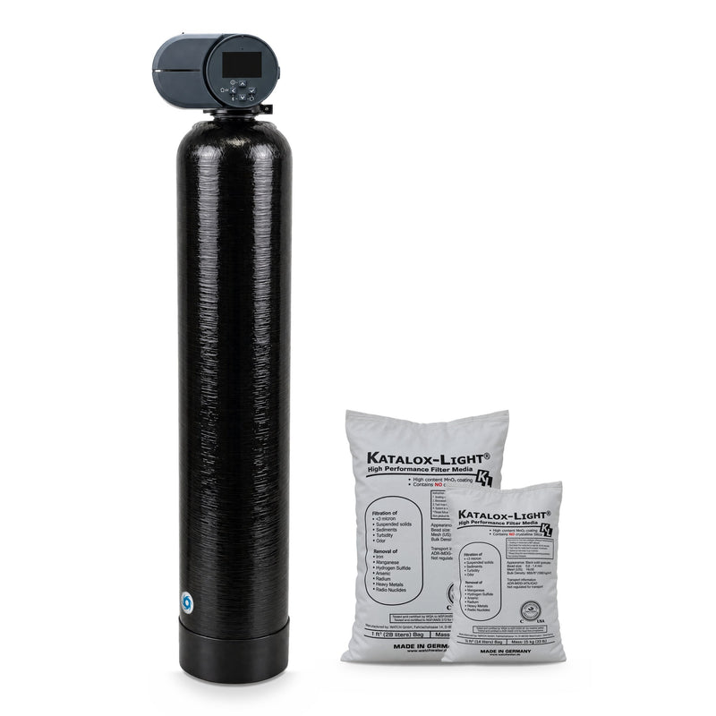 1.5 cu ft iron filter for well water: Fleck 2510 AiQ control valve on a 10x54 Vortech tank, with one 1 cu ft and one 1/2 cu ft bag of Katalox Light media, which ships in separate bags for loading at install