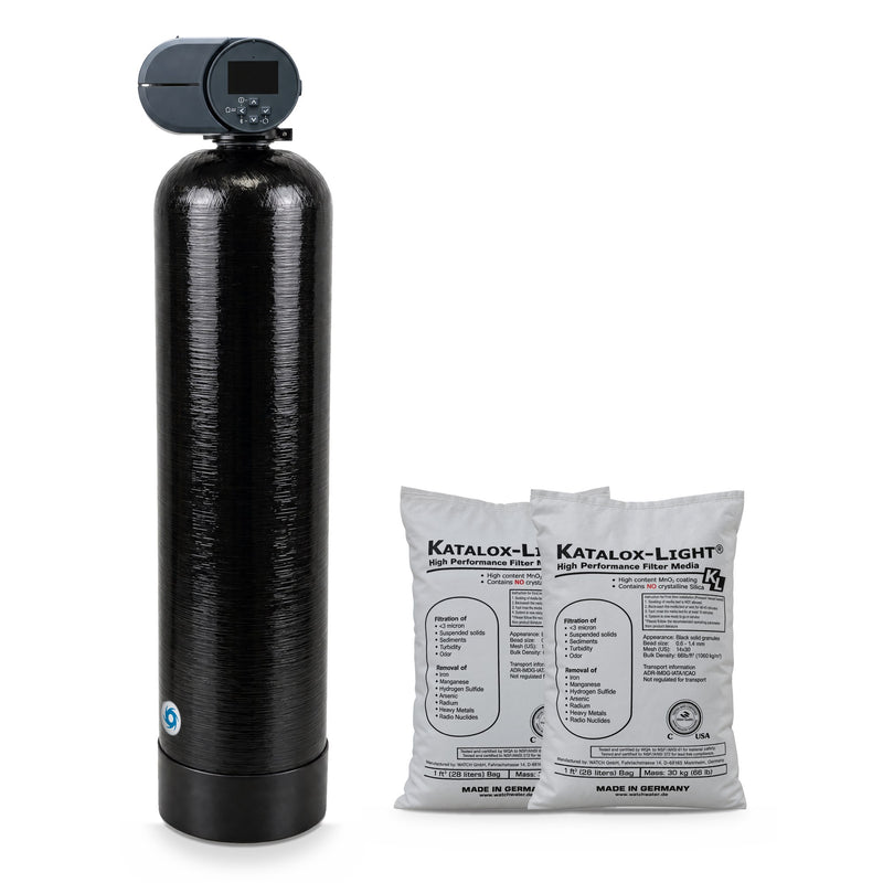 2.0 cu ft iron filter for well water: Fleck 2510 AiQ control valve on a 12x52 Vortech tank, with two 1 cu ft bags of Katalox Light media, which ships in separate bags for loading at install