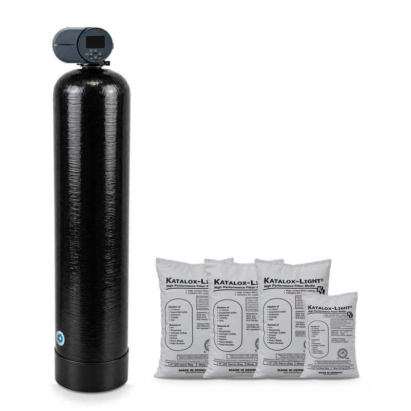 3.5 cu ft iron filter for well water: Fleck 2510 AiQ control valve on a 14x65 Vortech tank, with three 1 cu ft bags and one 1/2 cu ft bag of Katalox Light media, which ships in separate bags for loading at install