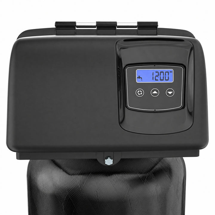 Fleck 2815NXT backwashing commercial grade acid neutralizer with calcite - black SXT digital control valve on a mineral tank, sold by Mid Atlantic Water