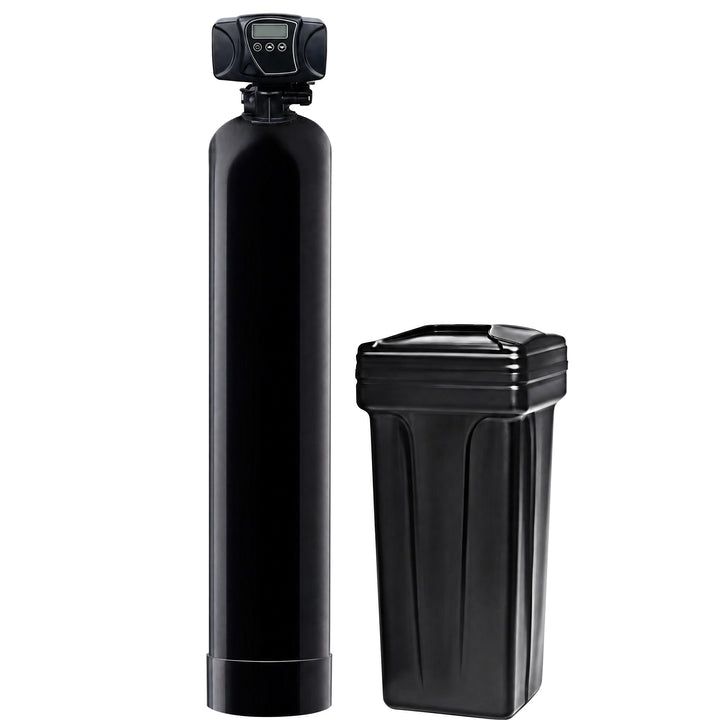 Fleck 5600SXT All In One whole house carbon filter and water softener, black dual-tank system with digital control valve and black brine tank, sold by Mid Atlantic Water