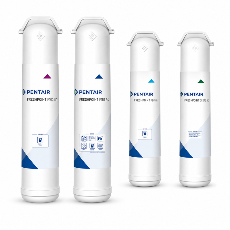Pentair FreshPoint replacement filter cartridges from Mid Atlantic Water: FDF1-RC pre-filter, F1B1-RC carbon block, F1GC-RC GAC post-filter, and GRO75-RC 75 GPD RO membrane for GRO-475B and GRO-575B systems