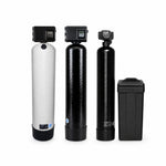 Iron Filter, Acid Neutralizer and Water Softener Package from Mid Atlantic Water: Fleck 2510SXT 2.5 cubic foot backwashing acid neutralizer, Fleck 2510AIO 2.5 cubic foot iron filter, and Fleck 5600SXT 48,000 grain water softener in installation order