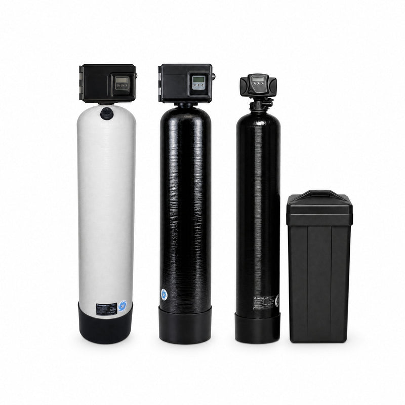 Iron Filter, Acid Neutralizer and Water Softener Package from Mid Atlantic Water: Fleck 2510SXT 2.5 cubic foot backwashing acid neutralizer, Fleck 2510AIO 2.5 cubic foot iron filter, and Fleck 5600SXT 48,000 grain water softener in installation order