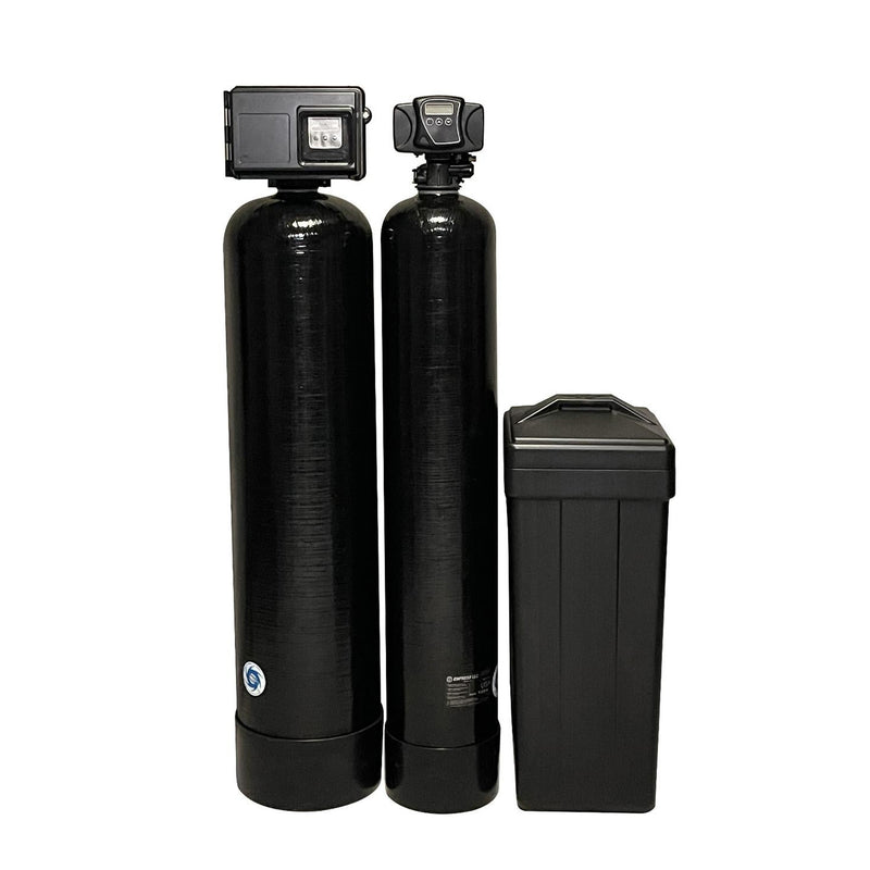 Fleck 2510AIO Katalox-Light iron filter paired with Fleck 5600SXT water softener and 18x33 brine tank, complete well water treatment package from Mid Atlantic Water