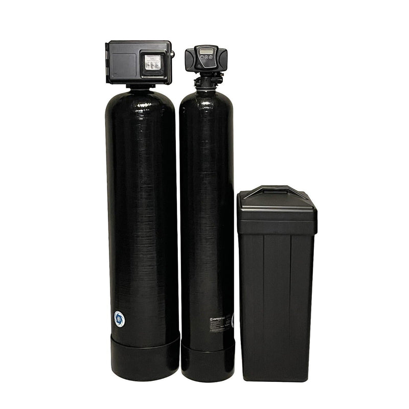 Fleck 2510AIO 3.5 cubic foot Katalox-Light iron filter paired with Fleck 5600SXT 80,000 grain water softener and 18x33 brine tank, large-home well water treatment package from Mid Atlantic Water