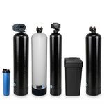 5-stage well water system, left to right: 20 inch Big Blue sediment filter, 2.5 cu ft iron filter, 2.5 cu ft acid neutralizer, 48,000 grain water softener with its brine tank, and 2.5 cu ft carbon tank