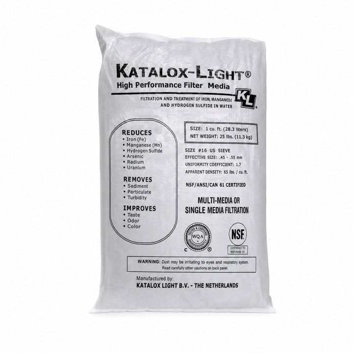 Katalox Light iron and sulfur filter media by Watch Water, 1/2 cubic foot bag, same bag artwork as the 1 cubic foot size, sold by Mid Atlantic Water