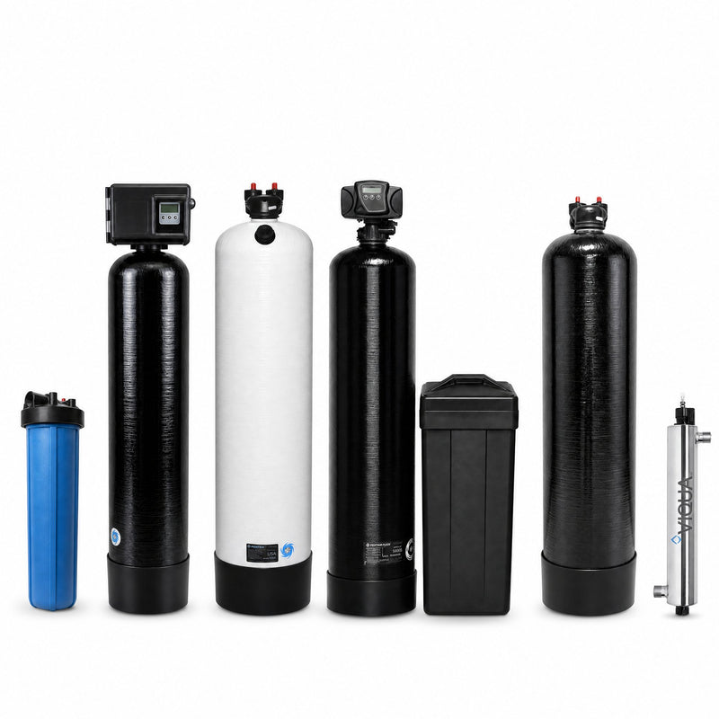Large Home Well Water System: 6-stage oversized well water treatment for homes with 5+ bathrooms, including 3.5 cubic foot iron filter, 3.5 cubic foot acid neutralizer, 80,000 grain water softener, whole-house carbon filter, and Viqua VH410 UV sterilizer