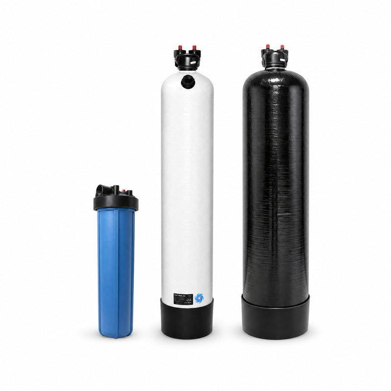 Off-Grid Well Water System: 3-stage zero-electricity treatment with sediment filter, non-backwashing acid neutralizer, and non-backwashing whole-house carbon filter