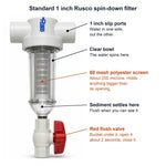 Rusco 1 inch spin-down sediment filter labeled: 1 inch slip ports, clear bowl, 60 mesh polyester screen of about 250 microns, sediment settling in the bottom, and the red flush valve