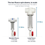 Rusco Standard 1 inch spin-down, 11 3/8 inches long and 1 to 25 GPM, next to the Large 2 inch, 17 7/8 inches long and 18 to 100 GPM, drawn to scale