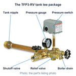 The TFP3-RV brass tank tee package that ships with the WX-203: tank nipple, pressure gauge, pressure switch, shutoff valve, relief valve and boiler drain