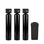 The Iron Buster high-iron well water package: two Fleck 2510AIO 2.5 cubic foot air-injection iron filters with Katalox-Light, a Fleck 2510SXT 64,000 grain water softener mineral tank, and a black brine salt tank, from Mid Atlantic Water