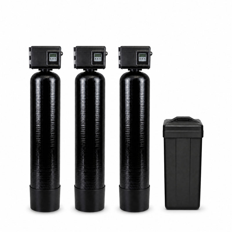 The Iron Buster high-iron well water package: two Fleck 2510AIO 2.5 cubic foot air-injection iron filters with Katalox-Light, a Fleck 2510SXT 64,000 grain water softener mineral tank, and a black brine salt tank, from Mid Atlantic Water