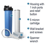 Sediment stage: the 20 inch Big Blue sediment filter kit as it ships: housing with 1 inch ports and pressure-relief button, 5 micron cartridge, wall bracket and screws, spanner wrench.