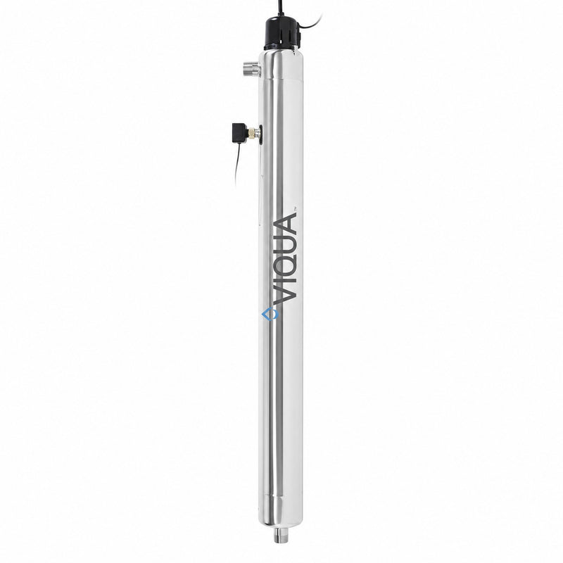 Viqua F4 Plus monitored UV water disinfection system, 304 stainless steel chamber 44.25 inches by 4 inches with 254 nm UV intensity sensor port, 36 GPM at VIQUA standard 30 mJ/cm2 dose, sold by Mid Atlantic Water
