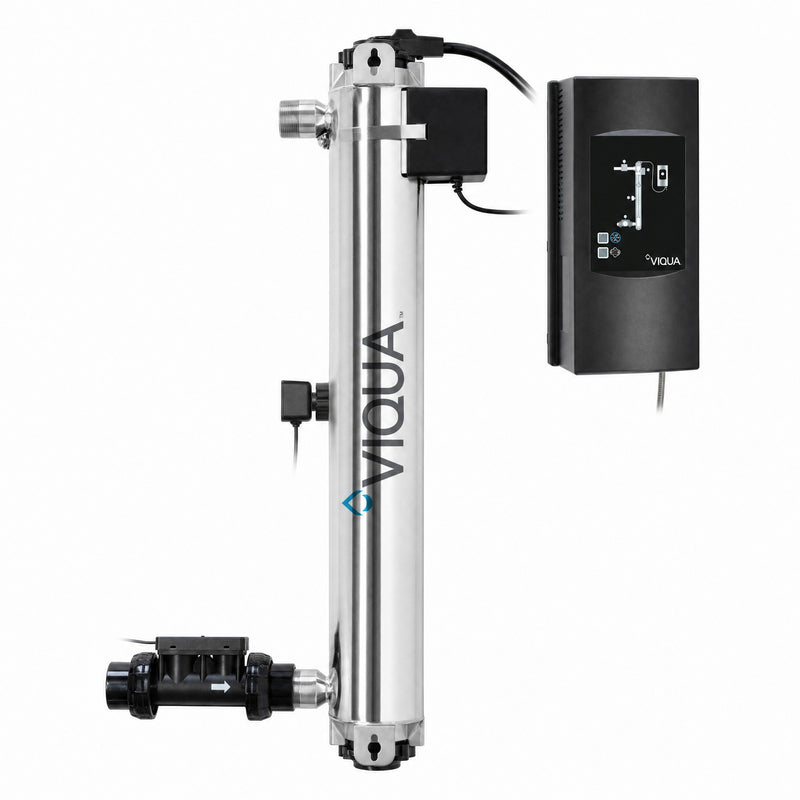 Viqua PRO20 UV disinfection system, NSF/ANSI 55 Class A certified, 31 inch 316L stainless steel chamber with UV intensity sensor and integrated flow meter, PRO series controller with real-time UV dose display, 20 GPM at the certified 40 mJ/cm2 dose, sold by Mid Atlantic Water