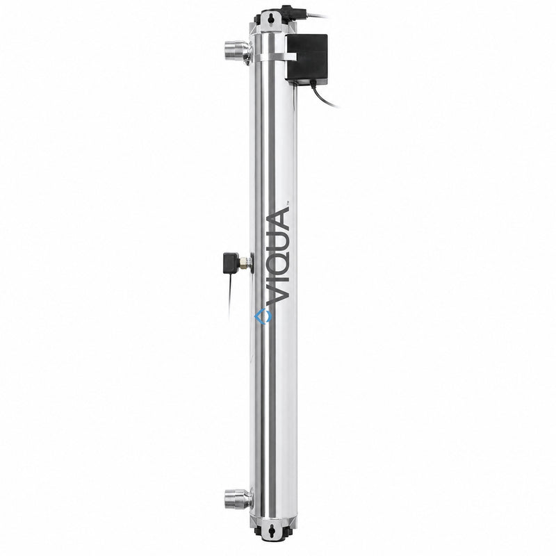 VIQUA PRO30 UV water disinfection system, NSF/ANSI 55 Class A certified, 30 GPM at the validated 40 mJ/cm2 dose, 41 inch 316L stainless steel chamber with UV intensity sensor and integrated flow meter, sold by Mid Atlantic Water