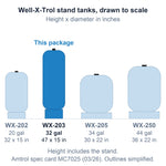Four Well-X-Trol stand tanks drawn to scale from Amtrol's spec card: WX-202 20 gal 32 x 15 in, WX-203 32 gal 47 x 15 in, WX-205 34 gal 30 x 22 in, WX-250 44 gal 36 x 22 in