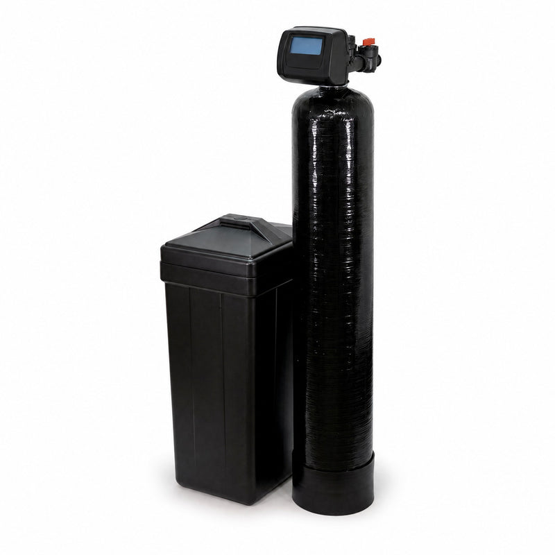 Whole house nitrate filter system, 10 inch by 54 inch Vortech mineral tank with 1.5 cubic feet of WQA Gold Seal ResinTech SIR-100-HP nitrate-selective resin, 1-inch metered demand control valve, and square brine tank, 6 GPM service flow, sold by Mid Atlantic Water