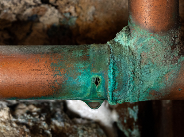 Corroded copper pipe with a pinhole leak from acidic water