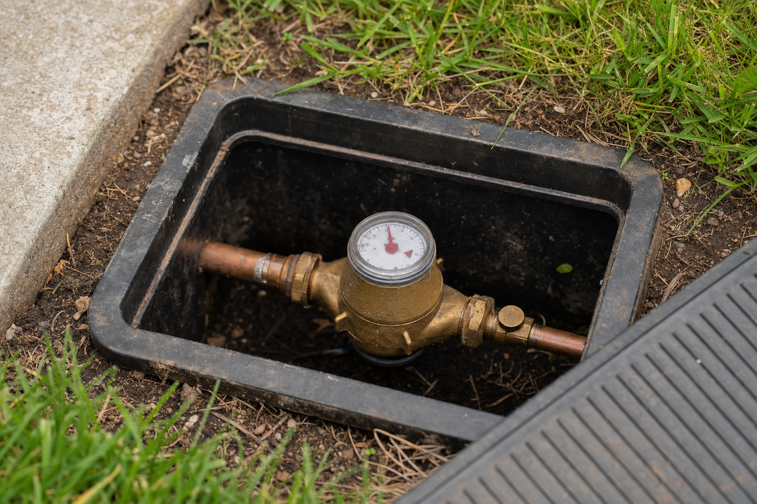 A municipal water meter in an in-ground meter box