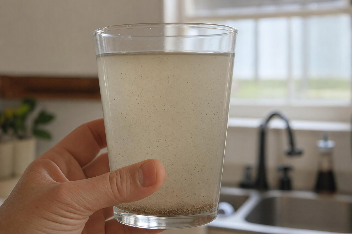 Glass of cloudy gray-tan well water with suspended silt and settled sand from sediment and turbidity