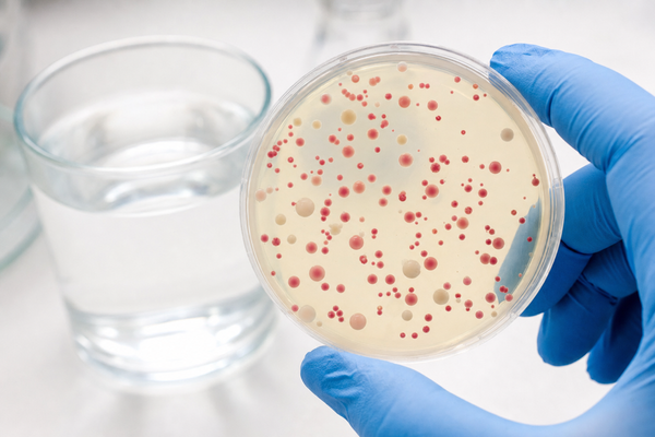Lab petri dish of well water showing red bacterial colonies