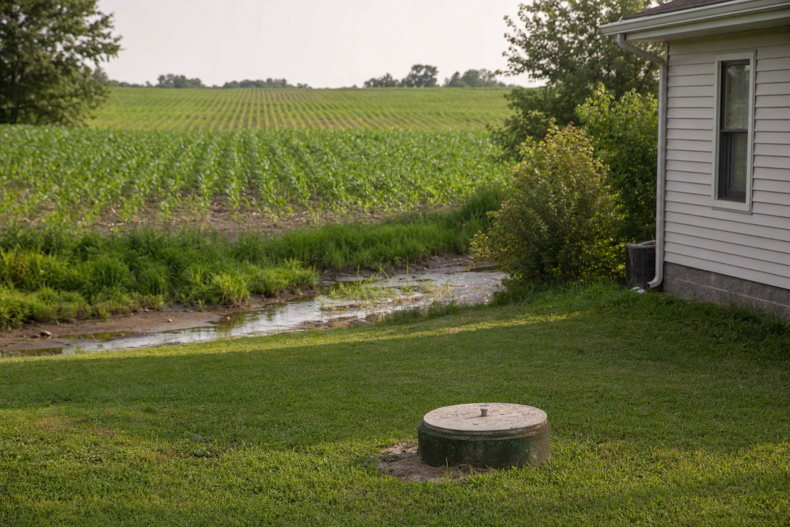Farmland well in open country where surface water can influence a shallow well