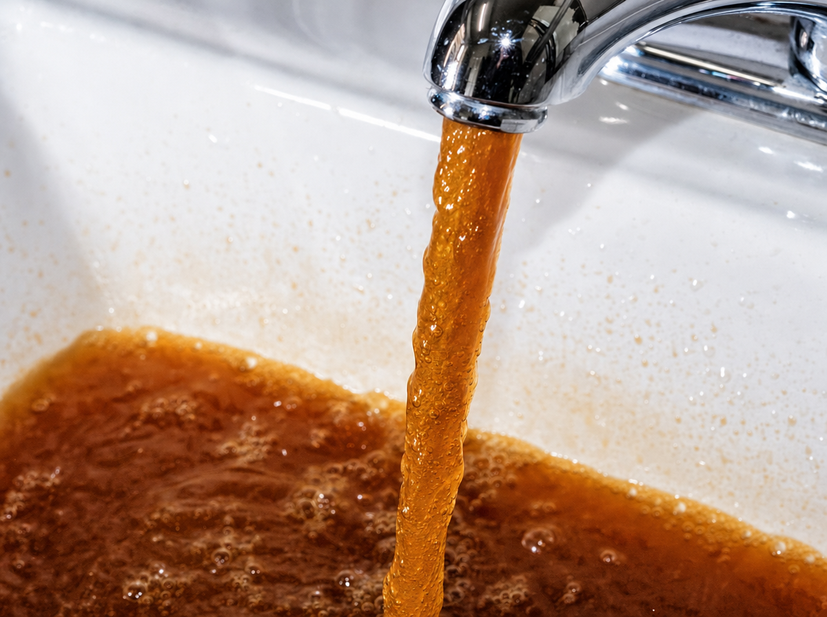 Close-up of rust-orange iron water flowing from a chrome faucet into a white sink