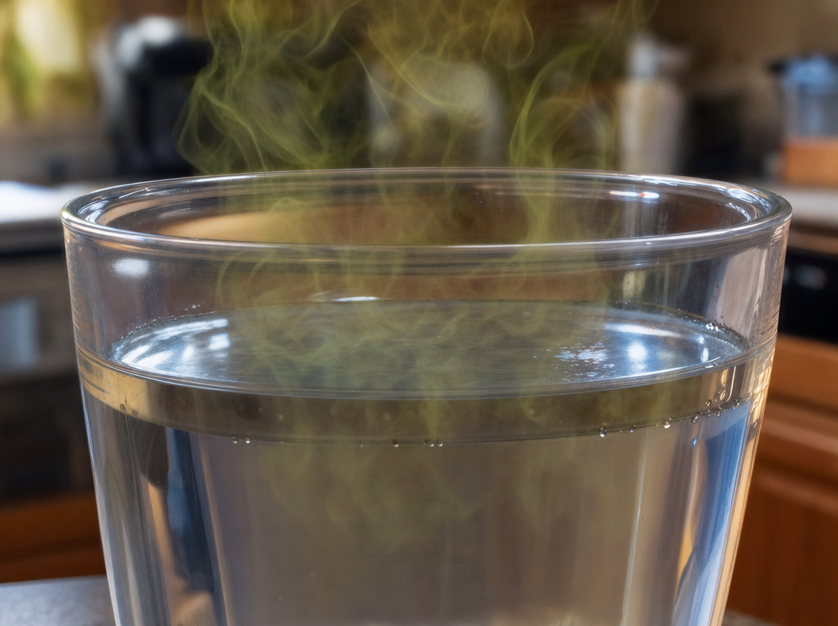 Close-up of a glass of water with visible greenish sulfur odor fumes rising from the surface