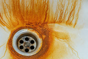 Orange rust stains on a white porcelain sink from iron in well water