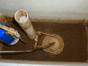 Brown sand and grit settled in the bottom of a toilet tank from well water