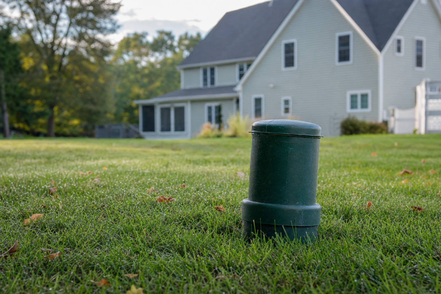 Green well cap on the lawn in front of a suburban home, an untested private well