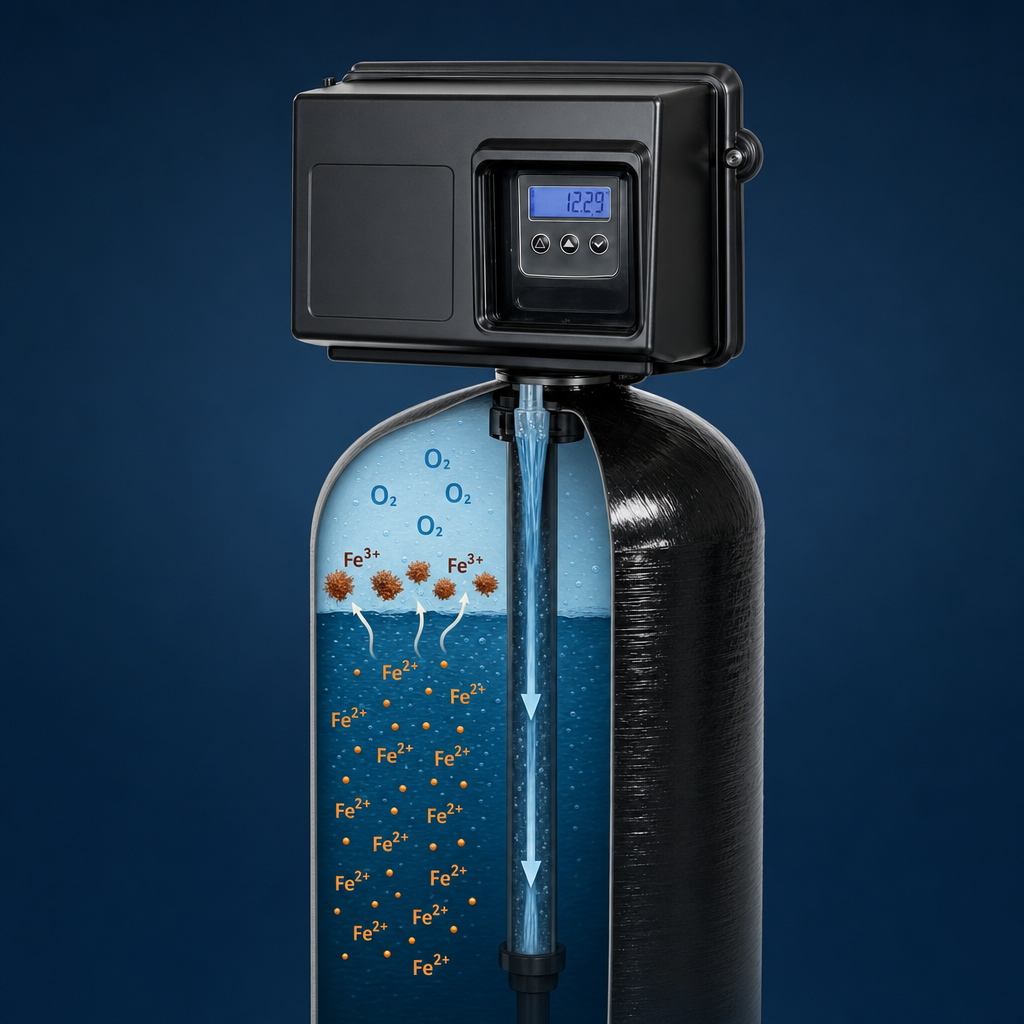 Cross-section diagram showing air injection oxidizing dissolved iron inside the filter tank